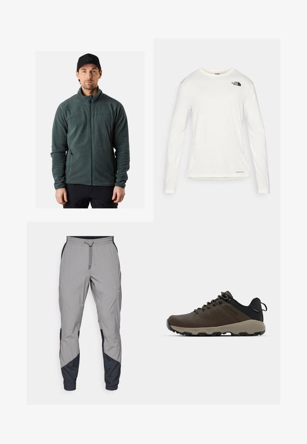 Grüne Fleecejacke mit Reißverschluss, hohem Kragen und zwei Seitentaschen. Verfügt über dezente Branding auf der Brust. Glatte Textur.; Weißes Langarmhemd mit Rundhalsausschnitt, strukturierter Stoff, schwarzes Logo auf der linken Schulter und dezente Markenkennzeichnung am unteren Rand.; Leichte, graue Sporthosen mit schwarzen Akzenten. Elastischer Bund, Kordelzugverschluss, taillierte Beinform und Seitentaschen.; Braune wasserdichte Sneakers mit einer strukturierten Oberseite, perforierten Akzenten, schwarzem Fersenschutz und einer grauen Gummisohle. Die Schnürsenkel sind mit metallischen Enden gestaltet.
