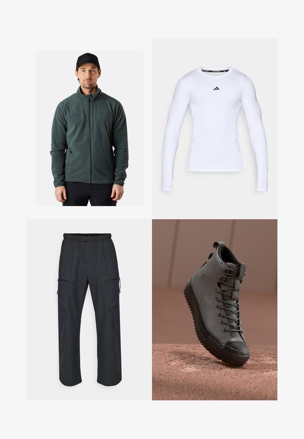 Grøn fleecejakke med lynlås i front, høj krave og to sidelommer. Har diskret branding på brystet. Glat tekstur.; Hvid langærmet atletisk skjorte lavet af strækstof, med rund halsudskæring og et sort Adidas-logo på brystet.; Sorte cargo bukser med elastisk talje, to lynlåslommer og et let, glat stof.; Højhælede sneakers i grå læder med en tekstureret finish, sort gummi tåhætte og grå snørebånd. Har en trækflig ved hælen.