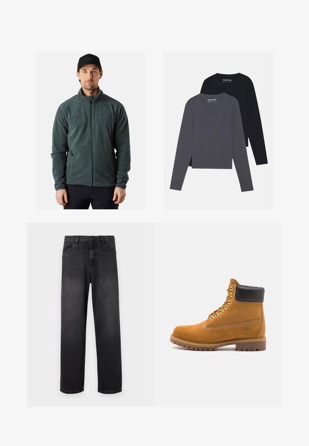 Fleecejacke in Dunkelgrün, mit durchgehendem Reißverschluss, Stehkragen, Seitentaschen, Logodetail auf der Brust, gefertigt aus weichem, strukturiertem Stoff.; YOURTURN 2 PACK UNISEX - Langarmshirt - dark grey/black; Dunkelgraue Denim-Jeans mit geradem Bein, ausgestattet mit einem Reißverschluss, fünf Taschen und subtilen Verblassungen auf dem Stoff.; Beige Wildleder-Ankle-Boot mit schwarzem gepolstertem Kragen, goldenen Metallösen, weißen Nähdetalben und einer robusten Gummisohle mit ausgeprägtem Profil.