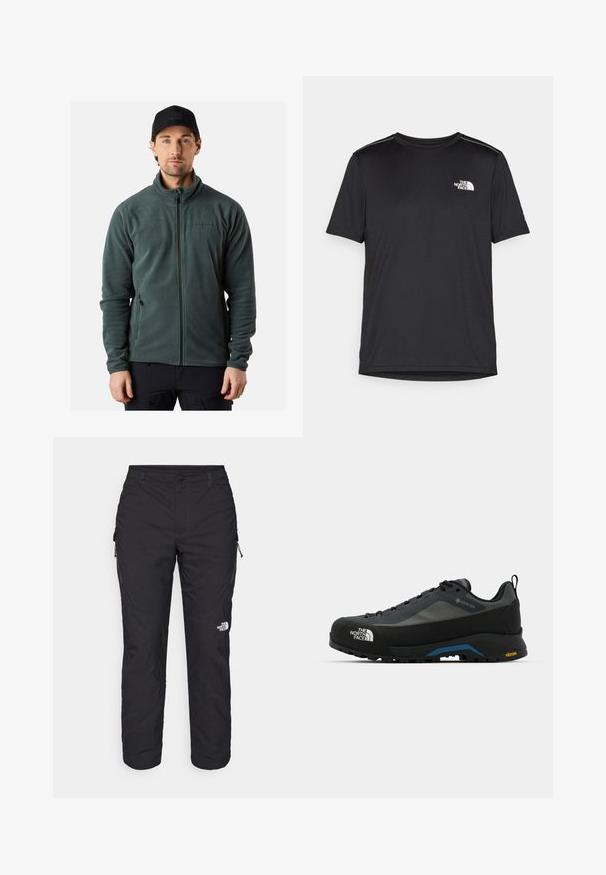 Fleecejakke i mørkegrøn, fuld lynlås, ståkrave, sidelommer, logodetalje på brystet, lavet af blødt, struktureret stof.; Sort t-shirt med korte ærmer lavet af letvægtsstof. Har et lille hvidt logo på venstre bryst og diskrete skuldrelementer.; The North Face WINTER EXPLORATION TAPERED CARGO - Outdoorbukser - black; The North Face VERTO ALPINE GORE TEX - Hikingsko - asphalt grey/tnf black
