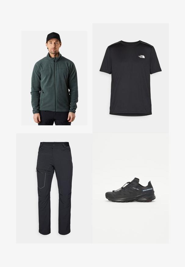 Grøn fleecejakke med lynlås i front, høj krave og to sidelommer. Har diskret branding på brystet. Glat tekstur.; Sort t-shirt med korte ærmer lavet af letvægtsstof. Har et lille hvidt logo på venstre bryst og diskrete skuldrelementer.; Svarte udendørs bukser med en lynlåslomme på låret, elastisk talje og glat, vandafvisende stof. Rent design uden synlige logoer.; Sort trail løbesko med en tekstureret overdel, elastiske snørebånd og Contagrip ydersål. Har en tætsiddende pasform og beskyttende tåhætte.