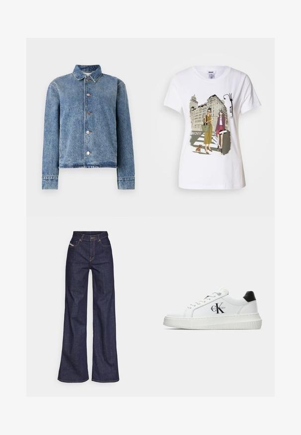 Šviesiai mėlynas džinsinis švarkas su mygtukų užsegimu, apykakle, ilgomis rankovėmis ir pūsto apvadu. Yra metaliniai mygtukai ir šiek tiek nusidėvėjusi tekstūra.; Baltos medvilnės marškinėliai su spausdinta iliustracija, kurioje pavaizduotos dvi moterys urbanistiniais mados stiliais su šunimi perėjimo zonoje ir miesto pastatai.; Tamsiai mėlynos plačios kojų džinsinės kelnės iš denimo audinio su aukštu liemeniu, su oranžinėmis siūlėmis, penkių kišenių dizainu ir sagčių užsegimu.; Balti žemakulniai bateliai su juodu kulno dangteliu, platformos padu, raišteliais ir Calvin Klein "CK" logotipu šone.
