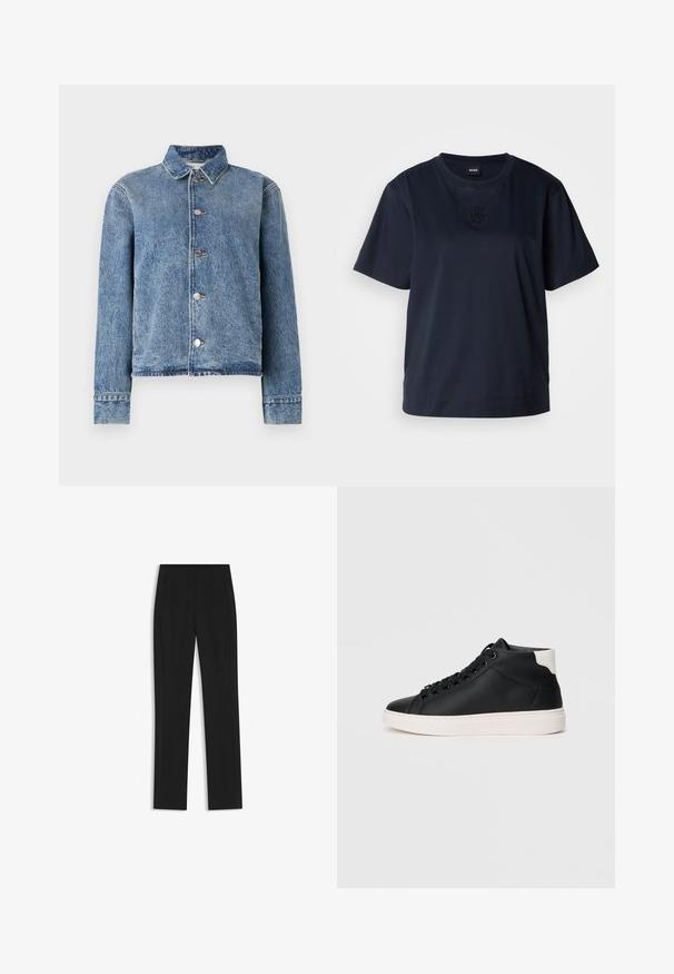 Denim jacket in light blue with a button-up front, collar, long sleeves, and fringe hem. Features metal buttons and slightly distressed texture.; Navy blue short-sleeve t-shirt made of soft cotton. Features a rounded neckline and a subtle embroidered logo on the chest.; Black tailored trousers with a straight-leg design, featuring front pockets and a smooth, textured fabric. Neat, minimal detailing.; Black high-top sneaker made of smooth leather with white rubber sole, featuring round laces, a padded collar, and a contrasting heel accent.