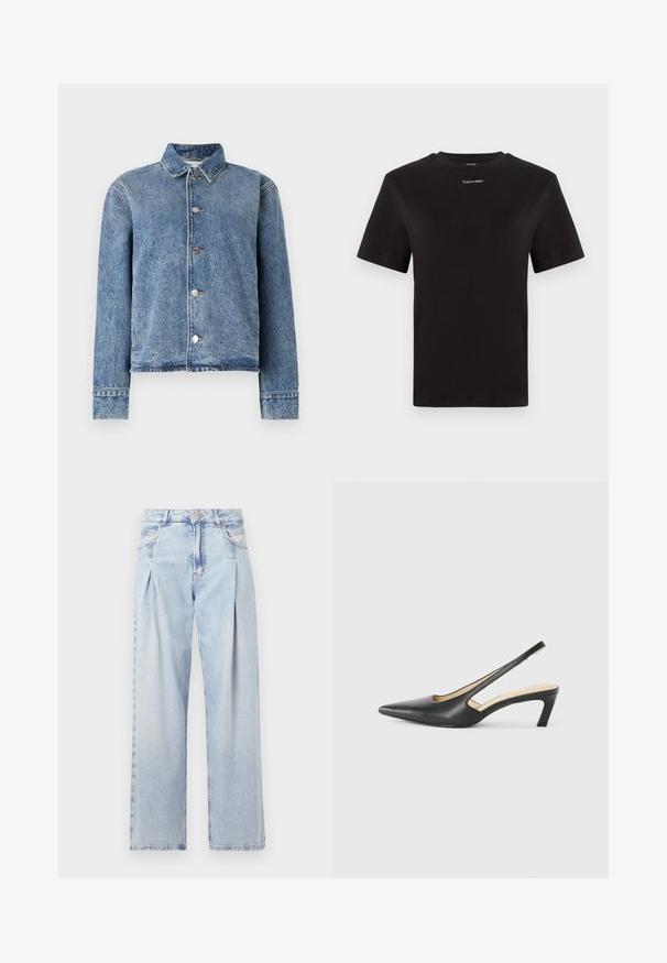 Jeansjakke i lyseblå med knappelukking foran, krage, lange ermer og frynsehem. Har metallknapper og en litt slitt tekstur.; Svart bomull T-skjorte med korte ermer, rund hals og liten hvit "Calvin Klein" logo på brystet. Glatt tekstur, klassisk passform.; Lyseblå denimjeans med høy livlinje, vide ben, to sidelommer og plisserte detaljer. Myk tekstur med en falmet finish.; Svart spiss tå slingback-sko med lav hæl, laget av jevnt skinnmateriale og med utskåret design på siden for pusteevne.