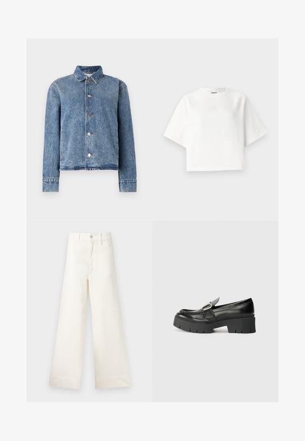 Jachetă din denim de culoare albastru deschis, cu închidere cu nasturi, guler, mâneci lungi și tiv cu fringuri. Are nasturi metalici și o textură ușor uzată.; Tricou alb supradimensionat cu mâneci raglan scurte, fabricat dintr-un material moale. Prezintă un logo subtil pe piept și un decolteu rotund.; Pantaloni cu croi larg din bumbac bej deschis. Prezintă talie înaltă, buzunare frontale și croi drept. Terminare netedă a tivului, fără modele.; Mocasini negri din piele cu talpă din cauciuc masivă. Prezintă un accent cu cataramă și detalii cusute pe partea superioară. Toc plat.