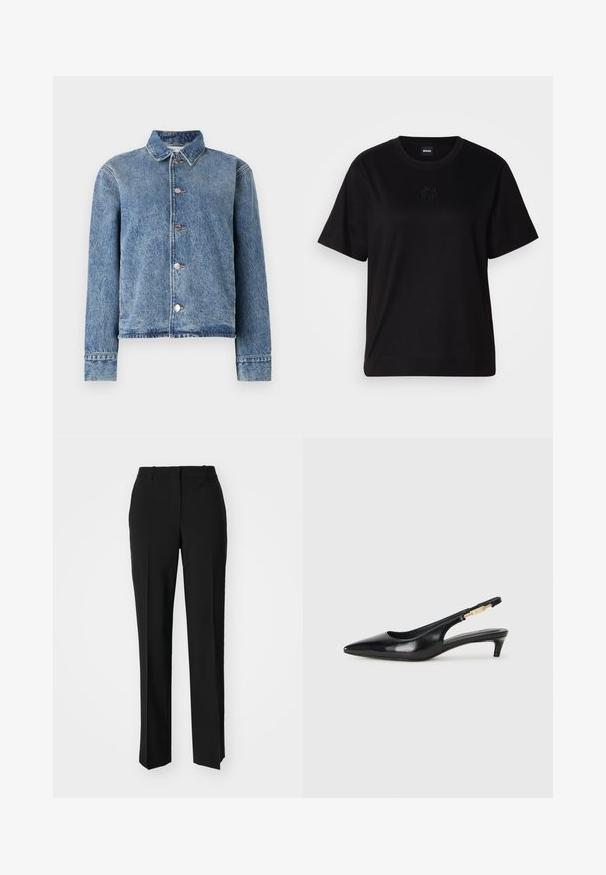Heledsinine teksajakk nööbidest ette, krae, pikad varrukad ja frantsihem. Omab metallnööpe ja kergelt kulunud tekstuuri.; Mustmust särk, millel on ümar kaelus, lühikesed varrukad ja tindiga tikitud logo rinnal. Lihtne, mugav lõige ilma mustriteta.; Mustad ja sirged püksid, millel on sile tekstuur ja teravad voldid esiosas. Ilma nähtavate detailideta.; Mustad nahast slingback kontsad terava ninaga, millel on õhuke konts ja kuldse tooni aktsent reguleeritaval rihmal. Sile tekstuur.