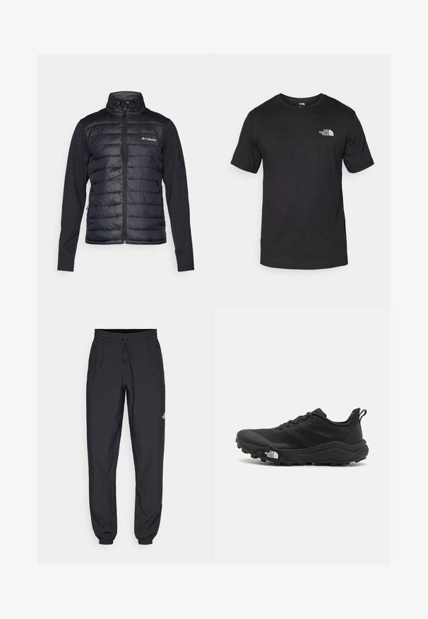 Black Columbia jacket with quilted front, soft fabric sleeves, zippered front, and logo on the left chest.; Black short-sleeve t-shirt made of cotton, featuring a round neckline and a small white logo on the upper left chest area.; Black athletic pants made from lightweight fabric, featuring a drawstring waistband, side pockets, and tapered cuffs at the ankles.; Black trail running shoe with a textured upper, rubber sole, and reinforced toe cap. Features a padded collar and pull tab for easy wear.