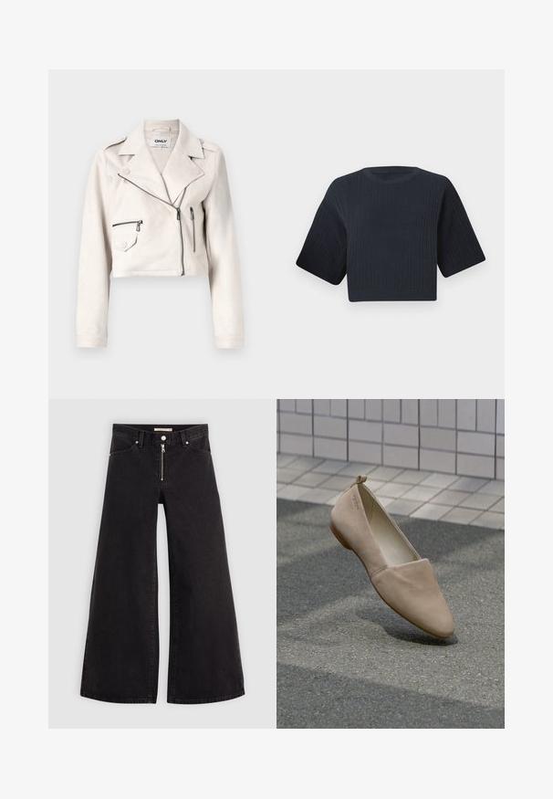 Jaqueta de camurça corta, de um tom bege claro, com colarinho tipo notch, fecho frontal em zíper e dois bolsos com zíper. Apresenta uma textura suave e detalhes em metal prateado.; Suéter de malha cropped em azul marinho escuro com textura canelada, mangas curtas largas e decote redondo. Design simples, sem padrões ou acentos visíveis.; Calças de ganga de perna larga em denim preto com fecho éclair à frente, design de cinco bolsos e detalhes de costura subtil. Textura suave e estilo casual.; Sandalha plana bege feita de material macio, com bico pontudo e design minimalista. Inclui um pequeno salto e uma alça na parte de trás.