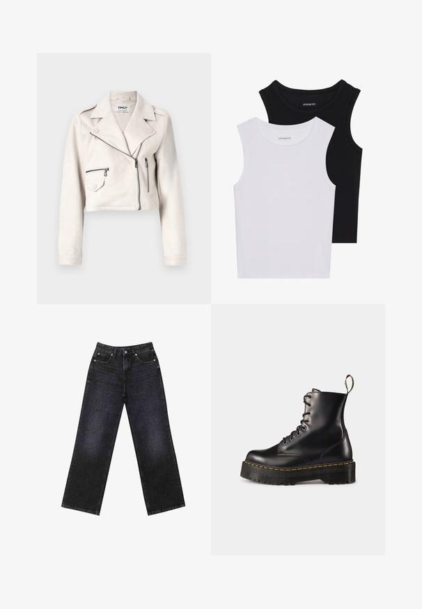 Klippt, ljusbeige mockajacka med slagkrage, framsida med dragkedjestängning och två fickor med dragkedja. Har en jämn textur och silvriga detaljer.; Två ärmlösa toppar i svart och vitt, tillverkade av ribbat bomull, med rund halsringning och en figurpassande design. Etiketter synliga på båda.; Höga svarta denimjeans med vida ben, femficksdesign och synlig sömnad. Tyget har en jämn, något texturerad yta.; Svarta läder snörade anklar med en kraftig svart sula och gul söm. Har en dragflik baktill och runda metallöglor.