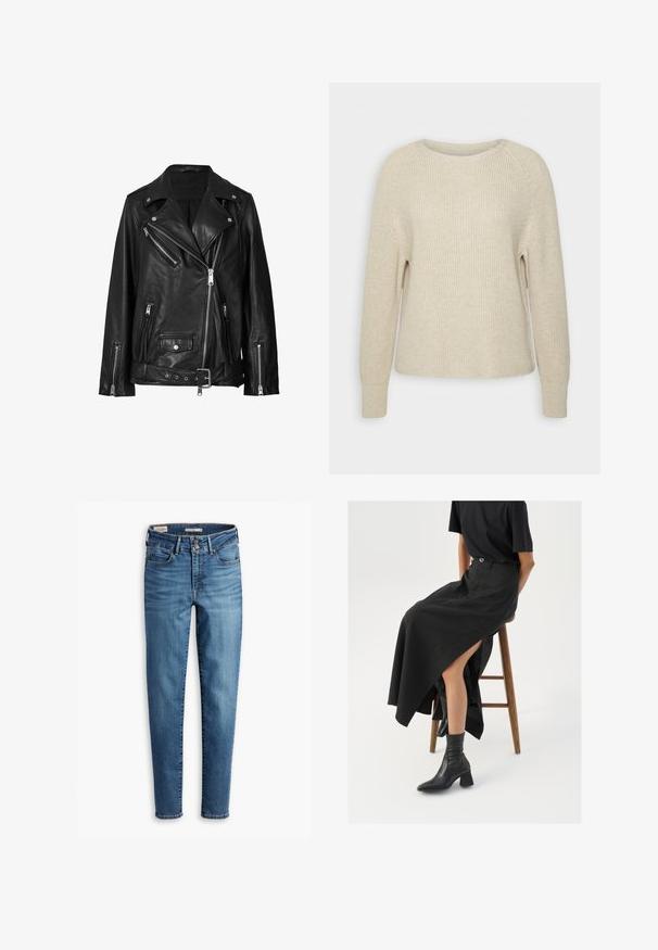 Črna usnjena motoristična jakna z asimetričnimi zadrgami, pritisnimi gumbi in pasom. Tekstura je gladka z rahlo sijajno obdelavo.; Svetlo roza pleteni pulover z okroglim izrezom, raglan rokavi in rebrasti manšeti. Tekstura je mehka z ohlapnim krojem in minimalnimi detajli.; Visoko pasovi, skinny kavbojke iz svetlo modrega denima. Imajo pet žepov, sprednje zapiranje na gumb in klasične šiveščine po celotni dolžini.; Črna lanena maxi krilo z visokim razporkom, oblečeno s črno majico in črnimi gležnjarji. Minimalističen dizajn z udobnim krojem.