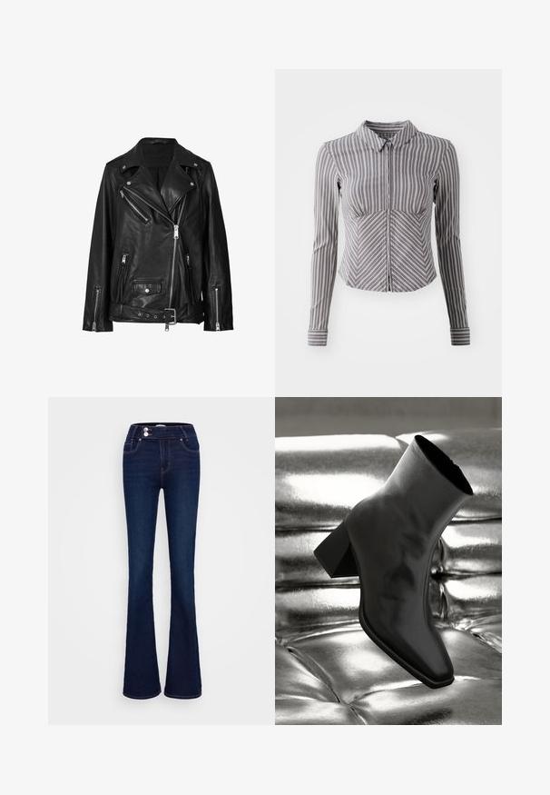 Svart läderbikerjacka med asymmetriska dragkedjor, tryckknappar och ett bälte. Texturen är slät med en lätt glansig finish.; Grå långärmad tröja med vertikala vita ränder, krage och dragkedja framtill. Har en figurpassad design och rundad nederkant.; Mörkblå klädd jeans med flare som har hög midja, två framfickor och två knappstängningar. Tillverkade av denim med en slät yta.; Svarta ankelboots i glänsande material med fyrkantig tå och avsmalnande klack, placerade mot en glänsande silverfärgad vadderad bakgrund.