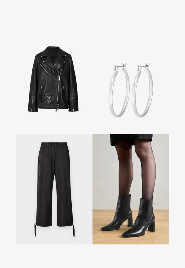 Giacca da motociclista in pelle nera con zip asimmetriche, bottoni a pressione e una cintura. La texture è liscia con una finitura leggermente lucida.; Due magliette senza maniche, in bianco e nero, realizzate in cotone a coste, con colli rotondi e un design aderente. Etichette visibili su entrambe.; Pantaloni neri larghi con una cintura elastica e cordini regolabili alle caviglie. Tessuto liscio con una leggera lucentezza.; Stivaletti neri in pelle con punta affusolata, tacco quadrato imponente e design elegante. Dotati di pannelli laterali elasticizzati per una facile vestibilità.; Orecchini a cerchio in argento con una finitura liscia e lucida. Forma rotonda e chiusura a scatto sicura. Design leggero adatto per l'uso quotidiano.