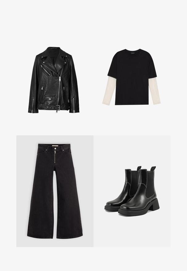 Must musta biker-jakk, millel on ebaühtlased lukud, nupud ja vöö. Tekstuur on sile ja veidi läikiv.; Mustmust särk, mis on valmistatud puuvillast, lühikeste varrukatega, valge pika varrukaga kihi peal, millel on peene tekstuuriga muster. Ümar kaelus.; Laiad teksad mustast denimist, millel on lukuga eesmine osa, viie taskuga disain ja peened õmblusdetailid. Sile tekstuur ja juhuslik stiil.; Must musta Chelsea saapad, millel on paks konts, elastsed külgpaneelid ja kontrastne valge õmblus. Tekstuuriga viimistlus.