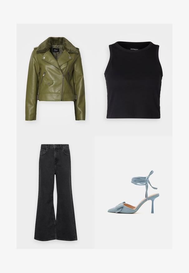 Alyvuogių spalvos odinė motociklininko striukė su dirbtinio kailio apykakle, asimetrišku užtrauktuku, užtrauktukais uždaromomis kišenėmis ir metalinėmis detalėmis. Trumpas dizainas.; Juodas kanalų rašto trumpas topas su apvaliu iškirpimu ir be rankovių dizainu. Pagaminta iš minkštos, elastingos medžiagos, kurios kraštai tvarkingai apdirbti.; Juodos džinsinės platėjančios kelnės su aukšta talija, turinčios penkias kišenes, subtilius siūlus ir mygtukų uždarymą priekyje.; Šviesiai mėlynos audinio aukštakulnės bateliai su smailiu galiuku ir tekstūruotu paviršiumi, su dekoratyviniu kaspinėliu ir kulkšnies juostele, užtikrinančia tvirtą prigludimą.