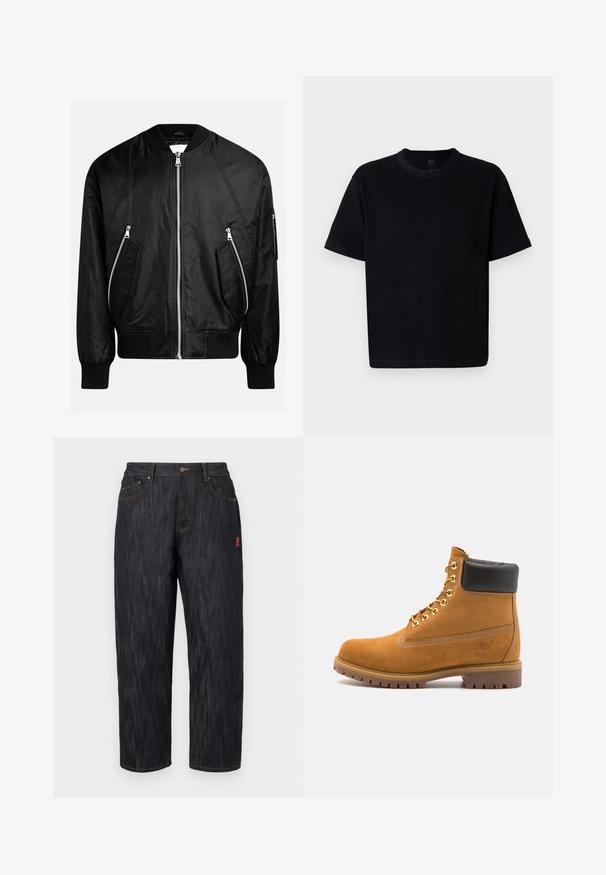 Černá bomber bunda se zapínáním na zip, žebrovanými manžetami a dvěma diagonálními kapsami na zip, s hladkým, lesklým povrchem.; Černé bavlněné tričko s kulatým výstřihem, krátkými rukávy a rovného střihu. Má minimální švy a jemnou, hladkou texturu.; Tmavě modré džíny s volným střihem. Mají zapínání na knoflík, pět kapes a kontrastní oranžové prošívání. Červená nášivka na boku.; Hnědé semišové kotníkové boty s černým polstrovaným límcem, zlatými kovovými očky, bílým prošíváním a odolnou gumovou podrážkou s výraznými drážkami.