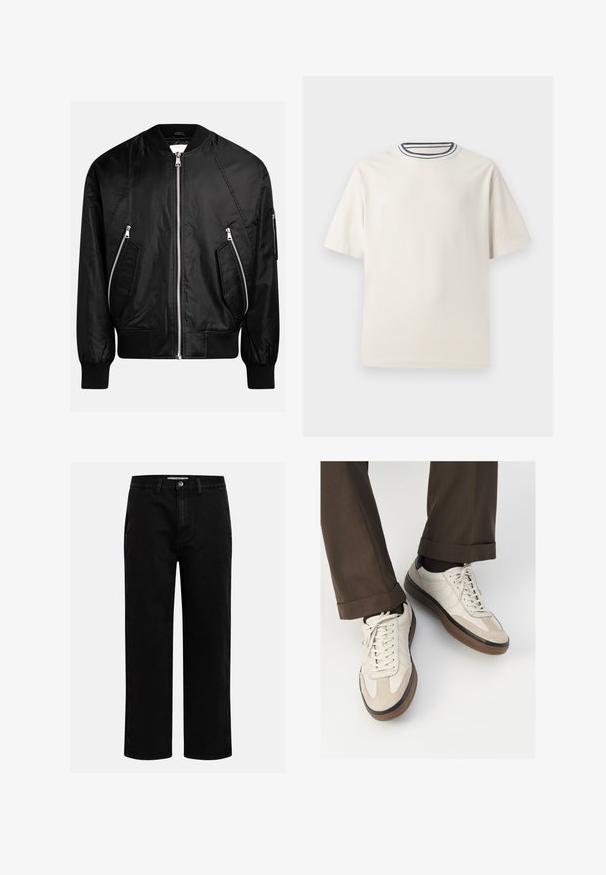 Schwarze Bomberjacke mit Reißverschluss auf der Vorderseite, gerippten Bündchen und zwei diagonal angeordneten Reißverschlusstaschen sowie einer glatten, glänzenden Oberfläche.; Cremefarbendes Baumwoll-T-Shirt mit kurzen Ärmeln, das über einen runden Halsauschnitt mit navy- und weißen Streifen verfügt. Glatte Textur, lässige Passform.; Schwarze Jeanshose mit geradem Schnitt, klassischem Fünf-Taschen-Design und einem Knopfverschluss an der Taille. Glatte Textur und strapazierfähiger Stoff.; Beige Sneakers mit einer strukturierten Wildlederfront, glatten Lederseiten und einer braunen Gummisohle. Bändel und helle Nähdetails sind enthalten.