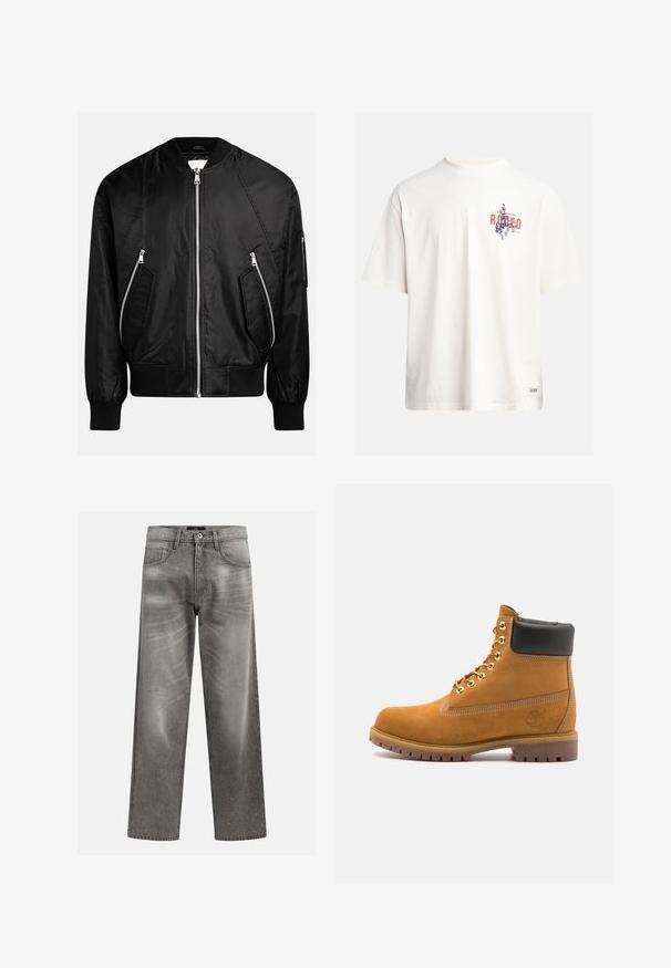 Black bomber jacket featuring a zip-up front, ribbed cuffs, and two diagonal zippered pockets with a smooth, shiny finish.; Cream cotton t-shirt with short sleeves and a crew neckline. Features a graphic print in blue and red with text and a motif.; Gray denim jeans with a loose fit, featuring whiskering and fading details, a classic five-pocket design, and a button closure.; Tan suede ankle boot with black padded collar, gold metal eyelets, white stitching detailing, and rugged rubber sole with pronounced treads.