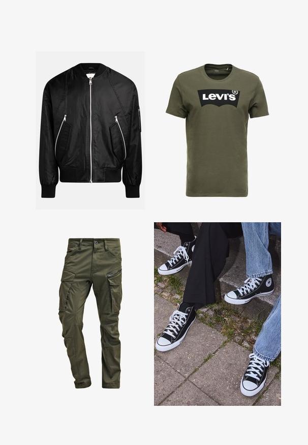 Svart bomberjakke med glidelås foran, ribbestrikkede mansjetter og to diagonale glidelåslommer med en glatt, blank overflate.; Oliven grønn bomulls t-skjorte med en stor svart Levi's-logo på forsiden. Klassisk crewneck og korte ermer, glatt tekstur.; Olivengrønne cargo-bukser lavet af robust bomuld. Har flere lommer, en lynlåslomme på siden og tætsiddende ben med en let struktureret overflade.; Sorte høyre sneakers i kanvas med hvite gummisåler og snøringer, med et rundt logo på siden og kombinert med denim og sorte bukser.