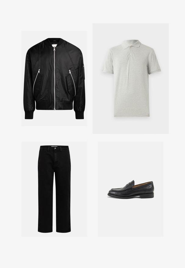 Zwarte bomberjack met een rits aan de voorkant, ribgebreide manchetten en twee diagonale ritszakken met een gladde, glanzende afwerking.; Grijze poloshirt van zacht katoen. Voorzien van een klassieke kraag, een drie-knops sluiting en korte mouwen. Glad oppervlak zonder patronen.; Zwarte denim broeken met een rechte pijp, klassieke vijf-pocket structuur en een knoopsluiting in de taille. Glad materiaal en duurzame stof.; Zwarte leren loafers met een gladde afwerking, ronde neus en decoratieve stiksels op de wreef. Lage gestapelde hak en een lichte glans.