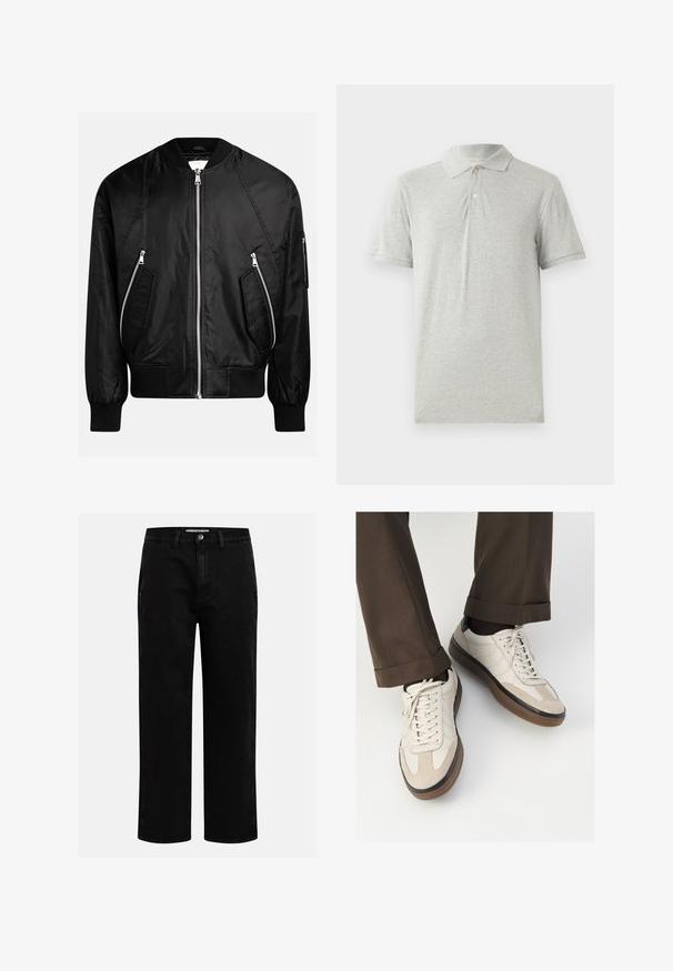 Musta pommi-takki, jossa on vetoketju edessä, ribbikäsivarret ja kaksi vinottain vetoketjullista taskua, sekä sileä ja kiiltävä pinta.; Harmaa polo-paita pehmeästä puuvillasta. Siinä on klassinen kaulus, kolme nappia ja lyhyet hihat. Sujuva pinta ilman kuvioita.; Musta denimpanssarit suoran lahkeen leikkauksella, klassinen viiden taskun suunnittelu ja nappisuljenta vyötäröllä. Sileä tekstuuri ja kestävä kangas.; Beige tennarit, joissa on teksturoidut mokkasiinimaiset etuosat, sileät nahkasaumat ja ruskea kumipohja. Narut ja vaaleat ompelutiedot mukana.