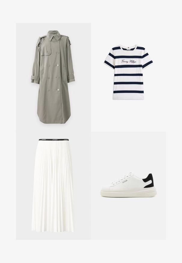 Dvojredni plašč v svetlo sivi tkanini, z sprednjimi žepi, ramenimi epauleti in zvitimi manšetami. Gladka tekstura.; Bombažna majica s horizontalnimi mornarsko modrimi črtami na belem ozadju. "Tommy Hilfiger" izvezeno v kurzivni pisavi na prsih. Okrugli izrez.; Gubasta bela krila z črnim elastičnim pasom, ki nosi logotip "LACOSTE". Srednje dolga zasnova z mehkobo tkanine.; Bele usnjene športne copate z debelim belim podplatom, črnimi semišnimi detajli na peti in utisnjenim logotipom na strani. Zavezovanje s šestimi luknjicami.