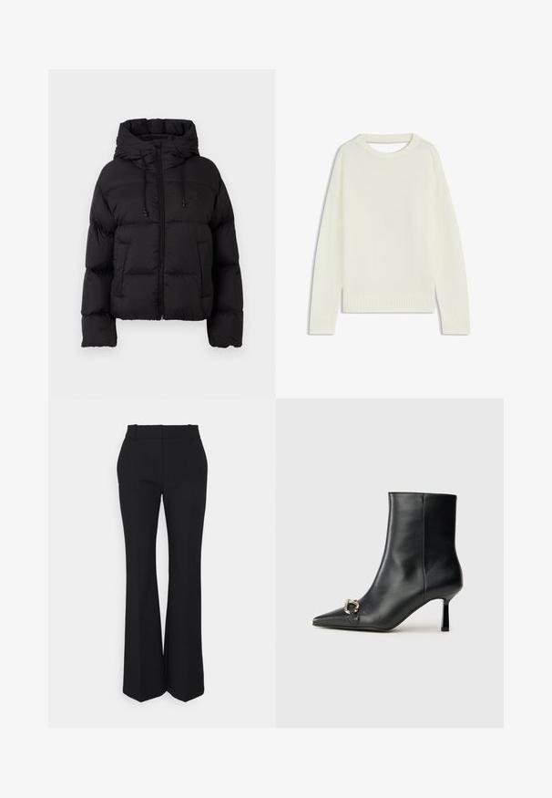 Giacca imbottita nera trapuntata con cappuccio, zip frontale, cordini e due tasche frontali su uno sfondo bianco semplice.; Maglione color crema chiaro con collo tondo, maniche lunghe, orlo a costine e una consistenza morbida. Nessun motivo o dettagli hardware visibili.; Pantaloni neri plissettati con un taglio dritto, realizzati in un tessuto morbido. Presentano una vita alta e tasche laterali invisibili.; Stivale alla caviglia in pelle nera con punta affusolata, tacco sottile di media altezza e dettaglio in fibbia argentata sul lato, su sfondo semplice.