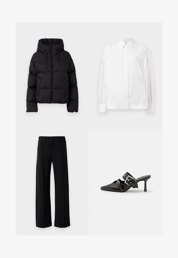 Melna quiltota pūšamā jaka ar kapuci, priekšējo rāvējslēdzēju, savilkšanas virvēm un divām priekšējām kabatām uz vienkārša balta fona.; Balta, garām piedurknēm, ar pogām aizpogājama krekla no gludas kokvilnas šķiedras. Tam ir klasiskā apkakle, priekšējā aizpogājamā daļa un noapaļotas aproces.; Melni taisni bikses ar elastīgu jostasvietu un smalku teksturētu rakstu visa auduma garumā uz baltas fona.; Melnas augstpapēžu mūles ar norādītu purngalu, izgatavotas no gludas ādas. Iekļauj plašu potītes siksnu ar kvadrātveida sudraba sprādzi un kniedēm.