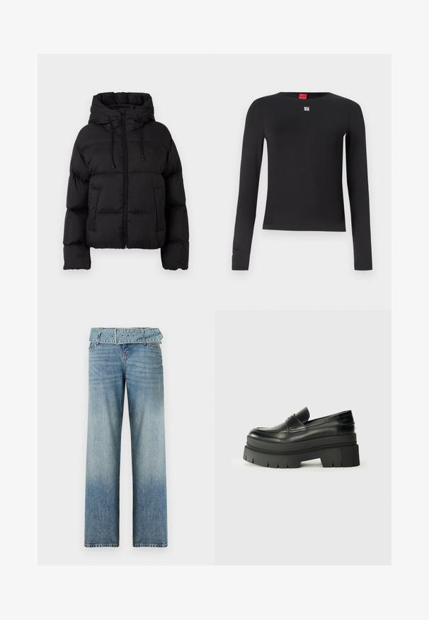 Sort quiltet pufferjakke med hætte, frontlynlås, snoretræk og to frontlommer mod en almindelig hvid baggrund.; Sort langærmet skjorte lavet af glat stof. Har en rund halsudskæring og et lille sølvlogo på brystet. Minimalistisk design.; Lyseblå denim jeans med et vidde-ben design, der har en matchende bælte-linning og en gradvis falmning fra mørk til lys.; Sorte læder loafers med en kraftig platformsål. Rund tå, forkant-søm detalje og subtile syninger. Flad, struktureret ydersål.