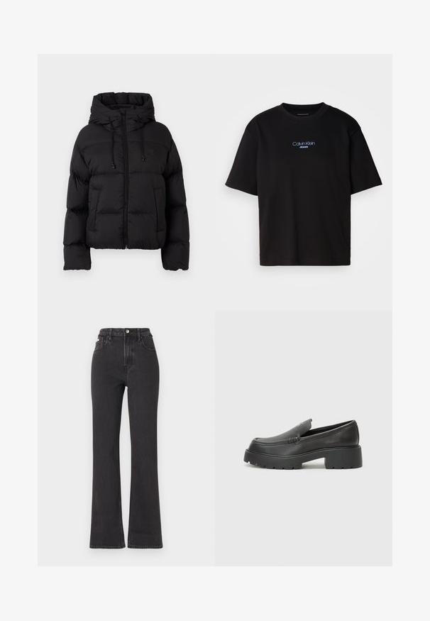 Svart, quiltet pufferjakke med hette, frontglidelås, snorer og to frontlommer på en enkel hvit bakgrunn.; Sort bomull t-skjorte med rund hals, korte ermer, og blå brodert "Calvin Klein JEANS" logo på forsiden.; Svarte høyt midje, utsvingte jeans laget av denim, med knappelukking, beltehemper og sidelommer. Glatt tekstur med minimal falming.; Sorte skinnloafers med rund tå, tykk teksturert såle og minimale sømdetaljer. Strømlinjeformet design uten synlige snørebånd eller hardvarer.