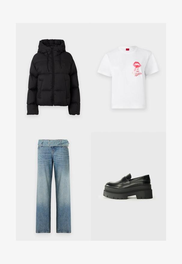 Juodas tinklelis pūkinis švarkas su gobtuvu, priekinis užtrauktukas, raišteliai ir dvi priekinės kišenės ant vientiso balto fono.; Balta medvilnės marškinėliai su trumpomis rankovėmis, dekoruoti rožine lūpų atspaudą ir lūpdažio grafika, taip pat tekstu "La Nuit Devious."; Šviesiai mėlynos džinsinės kelnės su plačiu kojų dizainu, turinčios derančią diržą juosmenyje ir palaipsniui šviesėjančias nuo tamsios iki šviesios.; Juodos odinės loafers tipo bateliai su masyviu platformos padu. Suapvalintas pirštas, priekinė siuvimo detalė ir subtilūs siuvinėjimo akcentai. Lygus, tekstūruotas padas.