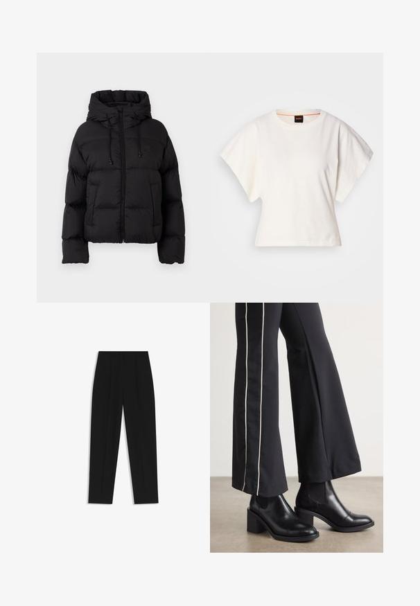 Sort quiltet pufferjakke med hætte, frontlynlås, snoretræk og to frontlommer mod en almindelig hvid baggrund.; Hvid cropped T-shirt, korte brede ærmer, blødt bomuldsstof, rund halsudskæring med diskret orange kant, minimalistisk design uden mønstre eller grafik.; Sorte bukser med lige pasform, der har dobbelte folder, en glat tekstur og et klassisk taljedesign. Ingen synlige hardware eller accenter.; Sorte læder ankelstøvler med blokhæle, udstyret med elastiske sidepaneler. Kombineret med sorte bukser, der har en hvid side stripe.