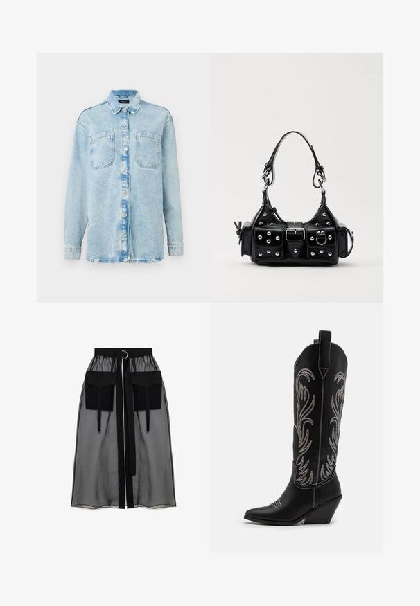 Vaaleansininen farkkupaita, jossa on pitkät hihat, kaksi etutaskua, nappikiinnitys, hieman haalistunut muotoilu ja klassinen kaulus.; Musta pitkähiha toppe, joka on valmistettu läpikuultavasta kankaasta. Siinä on pyöreä pääntie, etupainikkeet ja sahalaitaiset reunat hihoissa.; Musta läpinäkyvä hame, jossa on kerätty vyötärö, kaksi suurta etutaskua, vyönauha ja pyöreä metallikoriste.; Mustat nahkasaappaat cowboy-tyyliin, joissa on terävät varpaat, viistot korot ja hopeiset brodeeratut kukkakuviot varressa. Eroava ompelu koko saappaassa.; Musta nahkainen käsilaukku, jossa on kaareva muotoilu, hopeiset niitit, solki ja kaksi sivutaskua. Säädettävä olkahihna erilaisiin kantovaihtoehtoihin.