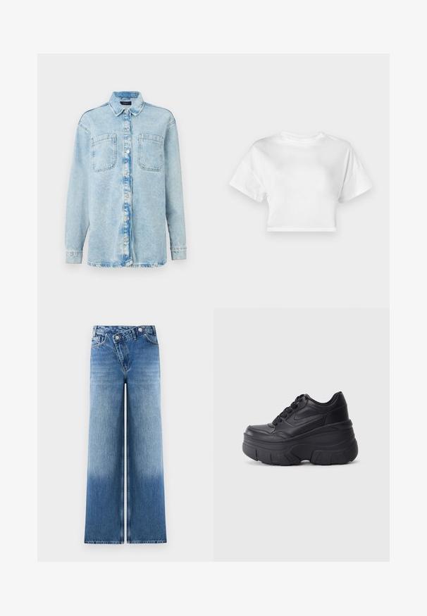 Gai zils džinsu krekls ar garām piedurknēm, divām priekšējām kabatām, pogu aizdari, nedaudz izbalējušu dizainu un klasisku apkakli.; Balts īsās piedurknes t-krekls, izgatavots no kokvilnas. Īsas piedurknes, apaļa kakla izgriezuma, gluda tekstūra, ikdienišķs dizains bez rakstiem vai rotājumiem.; Gaiši zili platā stila džinsi ar izbalējušu mazgāšanu, ar klasisku piecu kabatu dizainu un metāla pogu akcentiem jostasvietā.; Melni šņorējami sporta apavi ar biezu zoli, ar gludu ādas augšdaļu, noapaļotu purngalu un izteiktu slāņveida platformas dizainu.