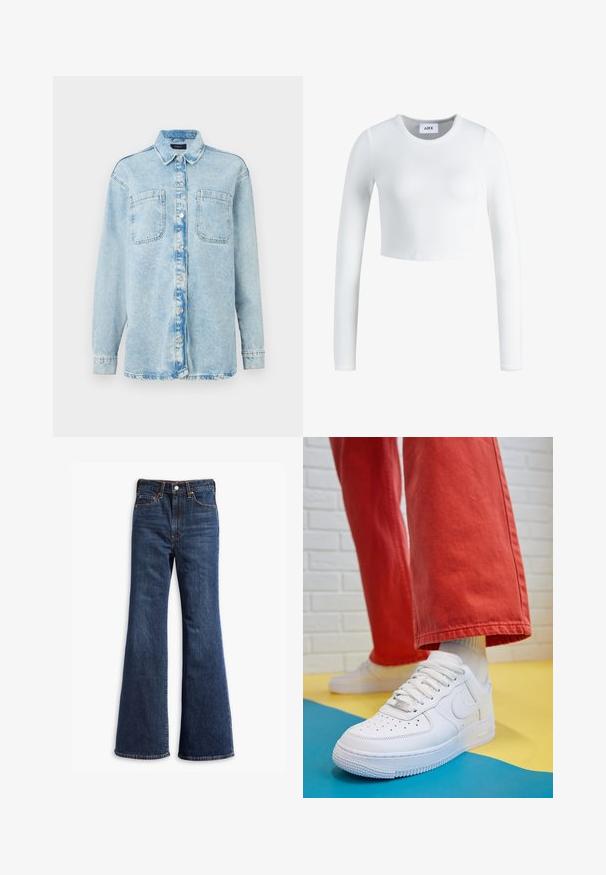 Camicia di jeans azzurro chiaro con maniche lunghe, due tasche frontali, chiusura a bottoni, design leggermente sbiadito e colletto classico.; Crop top bianco a maniche lunghe realizzato in tessuto a coste. Presenta un colletto rotondo e una vestibilità aderente. Etichetta visibile all'interno del collo.; Jeans in denim blu scuro a vita alta con gamba a zampa d'elefante, chiusura frontale con bottone e zip, e design a cinque tasche.; Sneaker bianco in pelle con punta perforata, suola testurizzata e lacci bianchi, abbinati a pantaloni rossi larghi e uno sfondo blu e giallo.