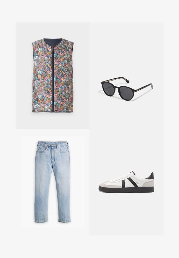 Floral-patterned padded vest featuring a zip front, rounded neckline, and dark blue trim. Colors include pink, orange, green, and blue flowers.; Two black cotton t-shirts with short sleeves and crew necks. Both feature a red brand label at the neckline. Simple, classic design.; Light blue denim jeans with a straight leg design, five-pocket style, and contrasting stitching. Button and zipper closure at the waist.; White sneaker with black and gray accents, featuring a textured gray toe cap, black rubber sole, and flat white laces. Clean design, minimalist style.; BOSS Sunglasses - black