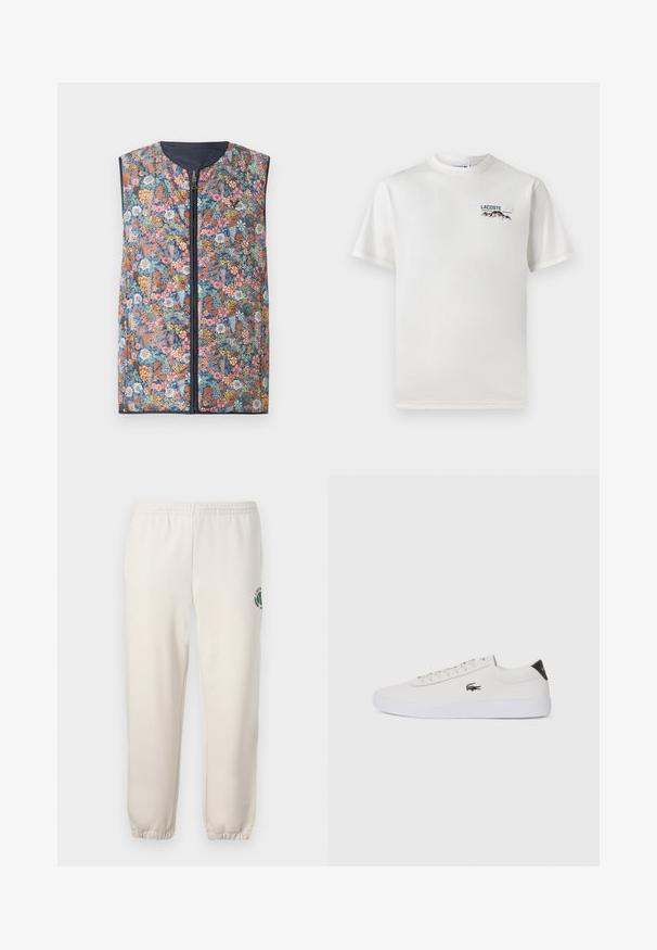 Floral-patterned padded vest featuring a zip front, rounded neckline, and dark blue trim. Colors include pink, orange, green, and blue flowers.; White cotton T-shirt with a round neckline, short sleeves, and a small embroidered logo featuring mountains and text on the left chest.; Light beige sweatpants made of cotton, featuring an elastic waistband, ribbed cuffs, and a green logo with leaf design on the left leg.; White leather sneaker with round toe, lace-up front, and black heel accent. Features a small embroidered crocodile logo on the side.