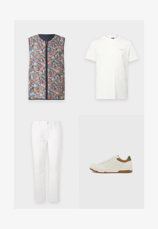 Virágmintás párnázott mellény, elöl cipzárral, lekerekített nyakkal és sötétkék díszítéssel. A színek között rózsaszín, narancs, zöld és kék virágok találhatók.; Fehér pamut póló rövid ujjakkal, V-nyakkal, és egy kis hímzett logóval a bal mellen. Sima felület és normál fazon.; Fehér pamut nadrág egyenes szárú fazonnal, gombos záródással, övhurkokkal, és látható minták vagy díszítések nélkül.; Tommy Hilfiger BASKET CORE - Sportcipő - ecru/army green