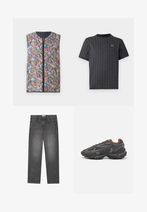 Padded vest met bloemenpatroon, voorzien van een rits aan de voorkant, ronde halslijn en donkerblauwe bies. De kleuren omvatten roze, oranje, groene en blauwe bloemen.; Zwarte korte mouwen t-shirt met een geometrisch patroon en een groene krokodillenlogo, met een effen zwarte ronde hals.; Donkergrijze denim jeans met een rechte snit, voorzien van vijf zakken, een knoopsluiting aan de voorkant en subtiele vervaging over de stof.; Lacoste sneakers in donkergrijs van mesh en synthetisch materiaal, met een gestructureerde zool en bruine accenten op de kraag en branding.
