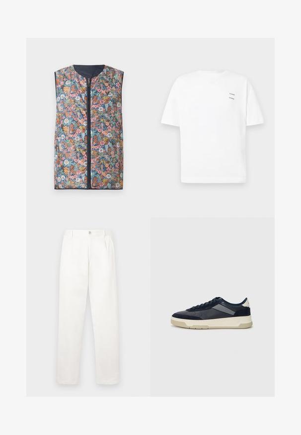 Vesti z vatu s cvjetnim uzorkom koja ima rajsferšlus sprijeda, zaobljeni izrez na vratu i tamnoplave detalje. Boje uključuju ružičaste, narančaste, zelene i plave cvjetove.; Valkoinen puuvillapaita, jossa on rento malli, lyhyet hihat ja V-pääntie. Paidassa on kaksi pientä mustaa painettua logoa vasemmalla puolella.; Valkeat housut, jotka on valmistettu sileästä kankaasta, suoran lahkeiden muotoilun, etupleettien ja vyötäröllä olevan yksittäisen nappikiinnityksen kanssa.; BOSS BALTIMORE - Matalavartiset tennarit - open blue