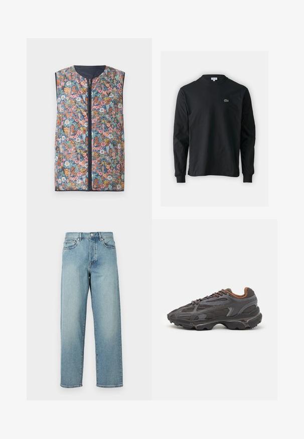 Květinový vzorovaný vatovaný vest, který má zipový přední díl, kulatý výstřih a tmavě modré lemování. Barvy zahrnují růžové, oranžové, zelené a modré květiny.; Černé dlouhé rukávy triko vyrobené z bavlny, s kulatým výstřihem a malým zeleným vyšitým logem krokodýla na levé hrudi.; Svetle modré džíny s volným střihem, rovnými nohavicemi, designem s pěti kapsami a zapínáním na knoflík v pase. Minimalistické detaily šití.; Sněrovací boty Lacoste v tmavě šedé barvě s síťovinou a syntetickým materiálem, prezentující texturovanou podrážku a hnědé detaily na límci a logu.