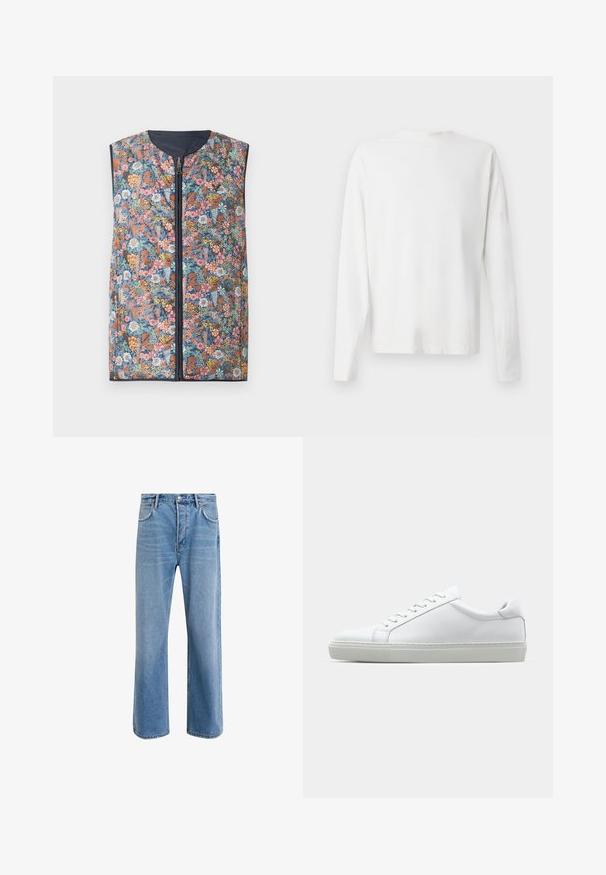 Vesti z vatu s cvjetnim uzorkom koja ima rajsferšlus sprijeda, zaobljeni izrez na vratu i tamnoplave detalje. Boje uključuju ružičaste, narančaste, zelene i plave cvjetove.; Pitkähihaisesta valkoisesta puuvillapaidasta, jossa on pyöreä pääntie, sivuhaalareita alaosassa ja sileä pinta, näkyy takaa.; Vaaleansiniset farkut suoranlahkeisella muotoilulla, viisi taskua, nappisuljenta, vähäinen kuluminen ja kontrastiväriset ompeluyksityiskohdat.; Valkoinen tennari, jossa on sileä nahkapäällinen ja matala profiili. Ominaisuuksiin kuuluu pyöreä kärki, kuusi rei'itystä ja teksturoitu kumipohja.