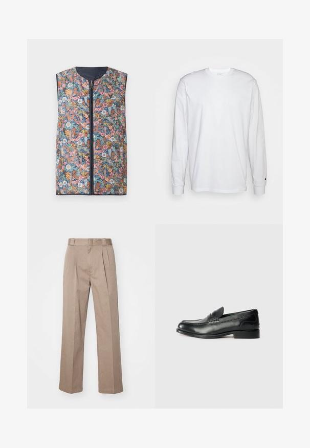 Blomsterpræget polstret vest med lynlås foran, rund halsudskæring og mørkeblå kant. Farverne inkluderer pink, orange, grønne og blå blomster.; Hvid langærmet T-shirt lavet af bomuld. Rund halsudskæring med ribbede manchetter og et lille logo på venstre ærme. Glat tekstur.; Beige, høj talje bukser med bred ben-design. Har to forreste plisseringer og en glat tekstur. Standard længde med en ren finish.; Sorte læder loafers med en glat overflade, syede detaljer over vamps og en let hævet hæl.