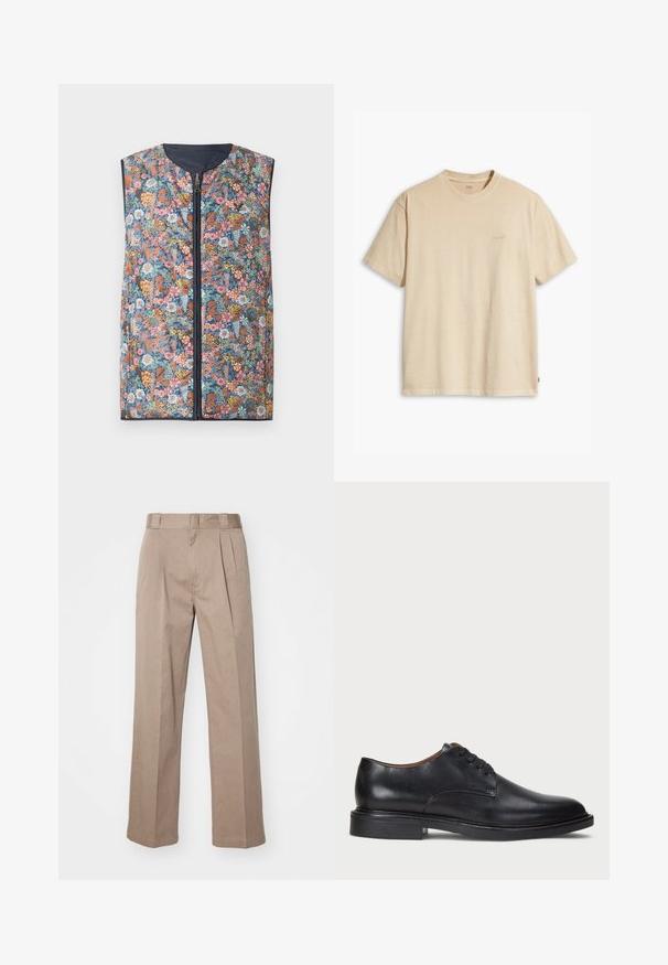 Květinový vzorovaný vatovaný vest, který má zipový přední díl, kulatý výstřih a tmavě modré lemování. Barvy zahrnují růžové, oranžové, zelené a modré květiny.; Béžové bavlněné tričko s kulatým výstřihem a krátkým rukávem. Na hrudi má decentní logo "Levi's" ve stejné barvě. Měkká textura.; Beige kalhoty s vysokým pasem a širokým střihem. Obsahují dva přední záhyby a hladkou texturu. Standardní délka s čistým zakončením.; Černé kožené společenské boty s kulatou špičkou, šněrováním a nízkým podpatkem. Hladký povrch s minimálním šitím.