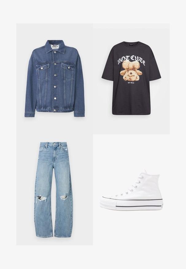 Farkkutakki keskitason sinisessä sävyssä klassisella muotoilulla. Sisältää kaksi rintataskua, hopeiset napit ja kauluksen.; Mustat ylisuurent-paidat, joissa on karhun grafiikka ja teksti "EI SULOINEN VAAN VILLI" rohkealla valkoisella fontilla. Puuvillamateriaali.; Vaaleansiniset, korkeavyötäröiset farkut, jotka on valmistettu denimmateriaalista. Ominaisuuksiin kuuluvat leveät lahkeet, kaksi revittyä polvialuetta ja klassinen viiden taskun tyyli.; Valkoiset korkeavartiset kangaskengät mustalla kumipohjalla, edessä kuminen varvasosa ja kuusi nauha-aukkoa, puhtaan minimalistisella muotoilulla.