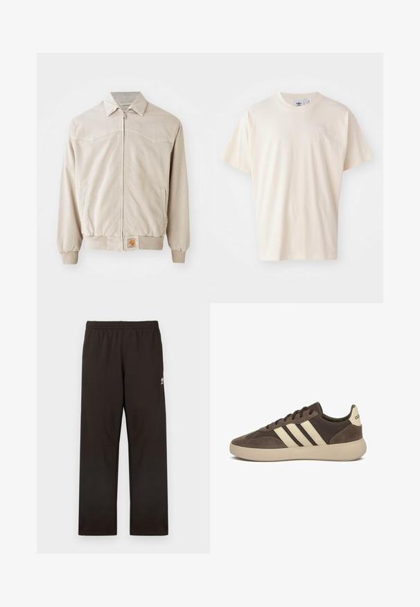 Beige lichtgewicht jack van stof, met een rits aan de voorkant, ribgebreide manchetten en een klein logo-embleem aan de onderrand.; Crème katoenen t-shirt met een ronde halslijn en korte mouwen; heeft een klein, lichtgekleurde logo op de borst.; Zwarte joggingbroek met elastische tailleband, rechte pijp en subtiel logo aan de zijkant. Gemaakt van zacht, soepel materiaal.; Bruine suède sneaker met drie witte strepen, afgeronde neus, dikke rubberen zool en minimale branding op de hiel.
