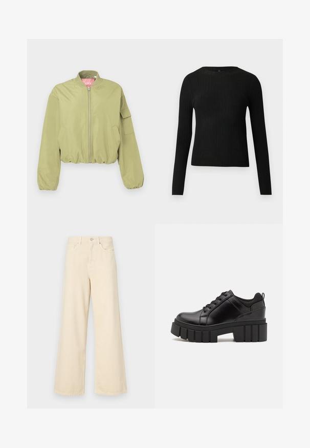 Casaco bomber verde oliva claro com colarinho arredondado, fecho frontal e bainha elástica. Apresenta um bolso lateral e textura de tecido suave.; Suéter preto de mangas compridas com textura canelada, justo ao corpo, com um decote redondo, exibido contra um fundo claro e liso.; Jeans de perna larga bege feitos de algodão. Apresentam um fecho de botão, passadores para cinto e bolsos frontais com uma textura lisa e suave.; Sapatos de plataforma em couro preto com um salto bloco robusto, bico redondo e design clássico de atacadores. Apresentam uma textura suave e detalhes mínimos.