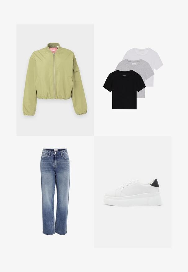 Svetlo olivnozeleni bomberski jakna z okroglim ovratnikom, sprednjim zadrgo in elastičnim zaključkom. Ima stranski žep in gladko teksturo tkanine.; Komplet treh majic s kratkimi rokavi v črni, sivi in beli barvi. Izdelane iz bombaža, z okroglim izrezom in preprostim, enobarvnim dizajnom.; Svijetloplave traper široke hlače visokog struka s prednjim džepovima i patentnim zatvaračem. Imaju izblijedjeli izgled i sirovi rub na gležnjevima.; Bele platform tenisice izdelane iz gladkega sintetičnega materiala, z zaobljenim prstom, sistemom vezalk in teksturiranim gumijastim podplatom. Črn dodatek na peti.