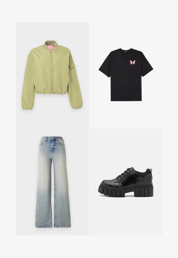 Lys olivengrønn bomberjakke med rund krage, frontglidelås og elastisk hems. Har en sidelomme og glatt stofftekstur.; Svart bomulls T-skjorte med korte ermer, med en liten rosa sommerfugl grafikk på venstre bryst. Crew-neck design med en avslappet passform.; Lyseblå vide jeans laget av denim, med høy midje, fem lommer og synlige sømmer langs sømmene.; Svarte lærplattformsko med kraftig blokkhell, rund tå og tradisjonell snøring. Har en jevn tekstur og minimal detaljering.