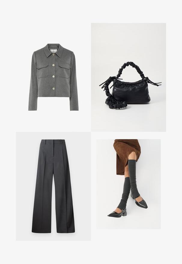 Pelēks saīsināts žakets, kas izgatavots no auduma ar gludu tekstūru. Iespējo divas krūšu kabatas, norādītu apkakli un sešus apaļus, metāla pogas.; Melnas garās piedurknes, pieguļošs tops ar kvadrātveida apkakli, ar uzrakstu GAP, novietots uz baltā fona.; Platās kājas bikses tumši pelēkā audumā, ar augstu jostasvietu, ar vienu uzpūstu vīli un gludu tekstūru ar tīru apdari ap malām.; Melnas laka ādas apavi ar norādītu purngalu, blokveida papēdi un potīšu jostu, saskaņoti ar pelēkām ribotām kāju sildītājām un brūnu zamšādas svārku.; Melnā mākslīgās ādas rokassoma ar krokodila rakstu, savilkta augšdaļa un saburzīta siksna. Izskatās mīksta un kompakta pēc dizaina.