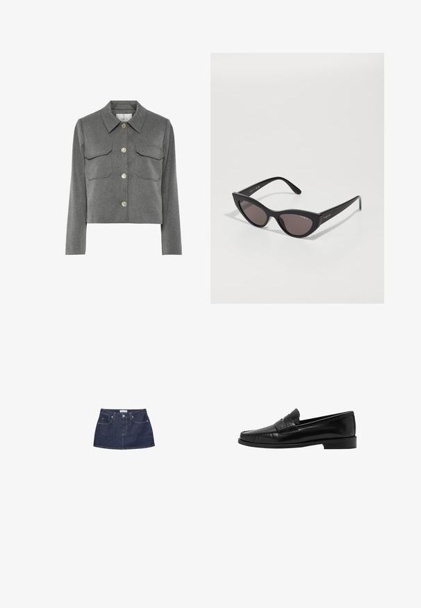 Grå kort jacka gjord av tyg med en slät textur. Har två bröstfickor, en spetsig krage och sex runda, metallknappar.; Marinblå sweatshirt med ett randigt blått krageunderlag, som har tre knappar vid halsen och ribbade mudd.; Jeansminikjol i mörkblått med en figurnära midja, framfickor och stängning med metallknapp. Slät textur och klassisk skärning.; Mango Slip-ins - black; Kattögon-solglasögon med matt svart ram och mörka linser, med "vogue"-logotyp på sidan och en distinkt vinklad form.